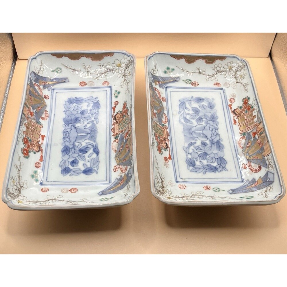 Set Of 2 Vintage Japanese Imari Hand Painted Rectangular Dishes Sushi Vegetables
